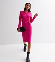 Sunshine Soul Bright Pink Ribbed Knit Belted Midi Polo Dress